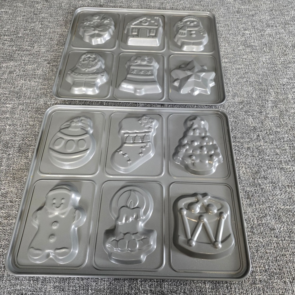 Christmas Holiday Non-Stick Baking Pans Set of 2 Festive 12-Cavity Molds Gray - Picture 2 of 4